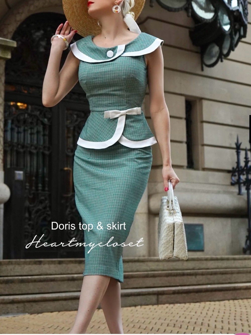 1950s Custom Sleeveless Check Peplum Dress with White Trim